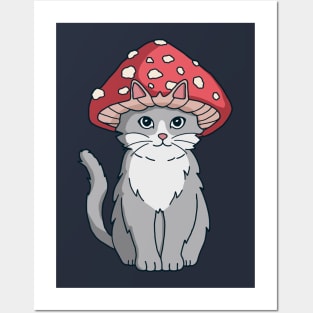 Cute Cat With Mushroom Hat Cottagecore Aesthetic Cat Kawaii Posters and Art